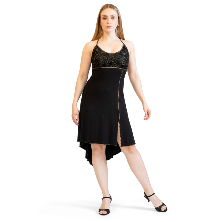 Gustango Serena Robser10 Schwarz Gold Tanzkleid Gekreuzte Traeger 01